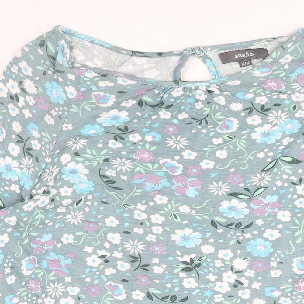 Studio Womens Blue Floral Viscose A-Line Size 16 Round Neck Button - Size 16-18