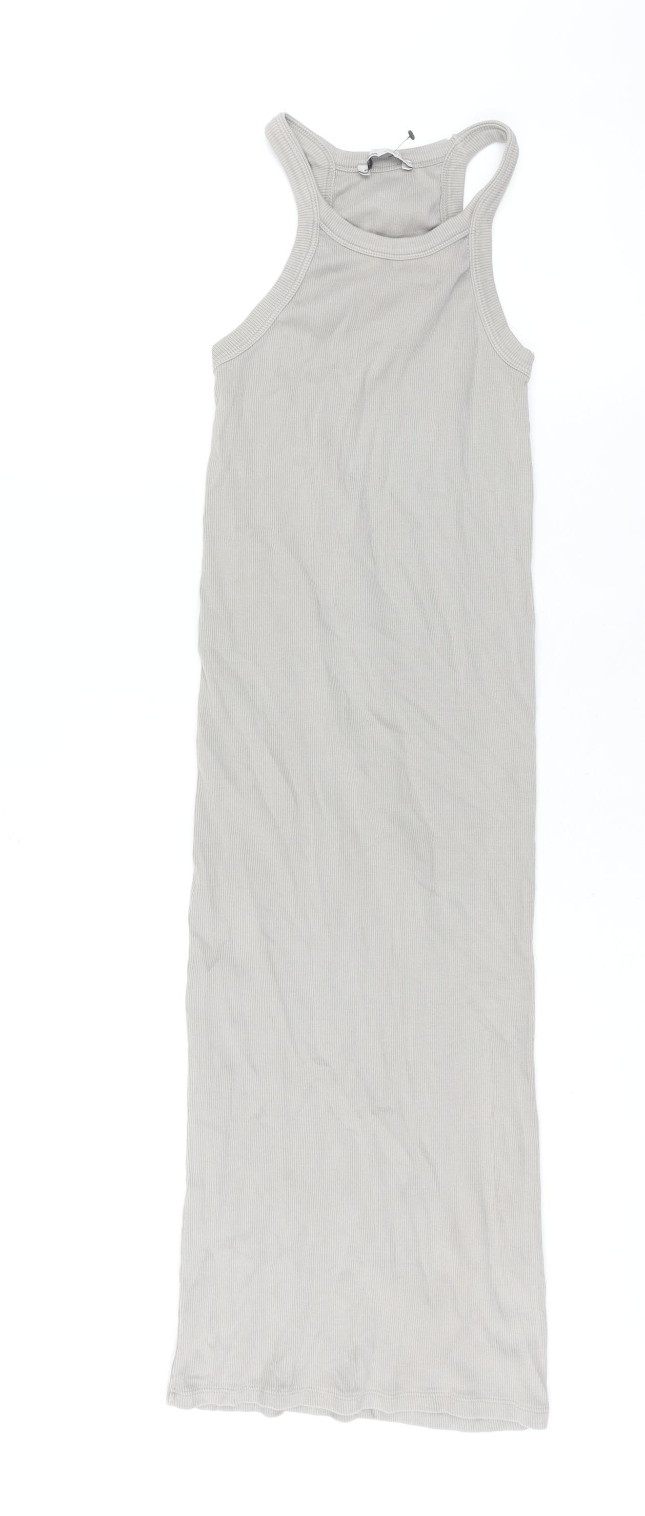 Pull&Bear Womens Grey Cotton Tank Dress Size S Round Neck Pullover - Ribbed