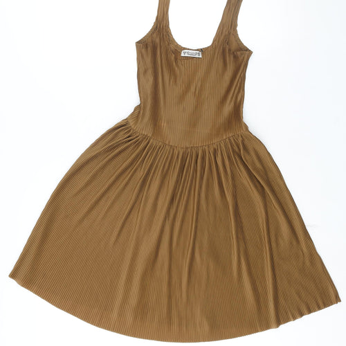Pull&Bear Womens Brown Polyester Fit & Flare Size S Scoop Neck Pullover - Pleated