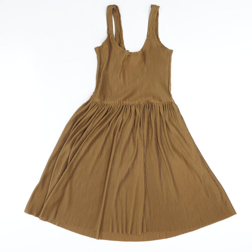 Pull&Bear Womens Brown Polyester Fit & Flare Size S Scoop Neck Pullover - Pleated
