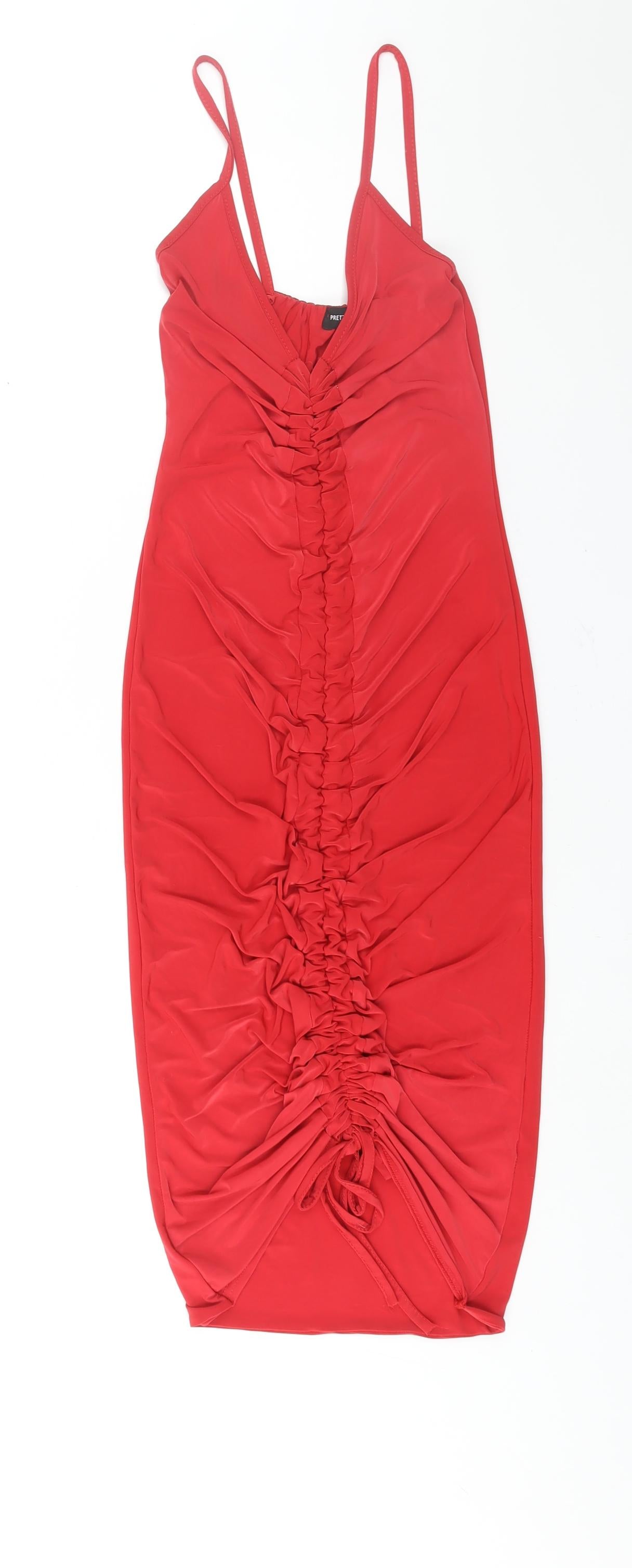 PRETTYLITTLETHING Womens Red Polyester Slip Dress Size 6 V-Neck Pullover - Drawstring Detail