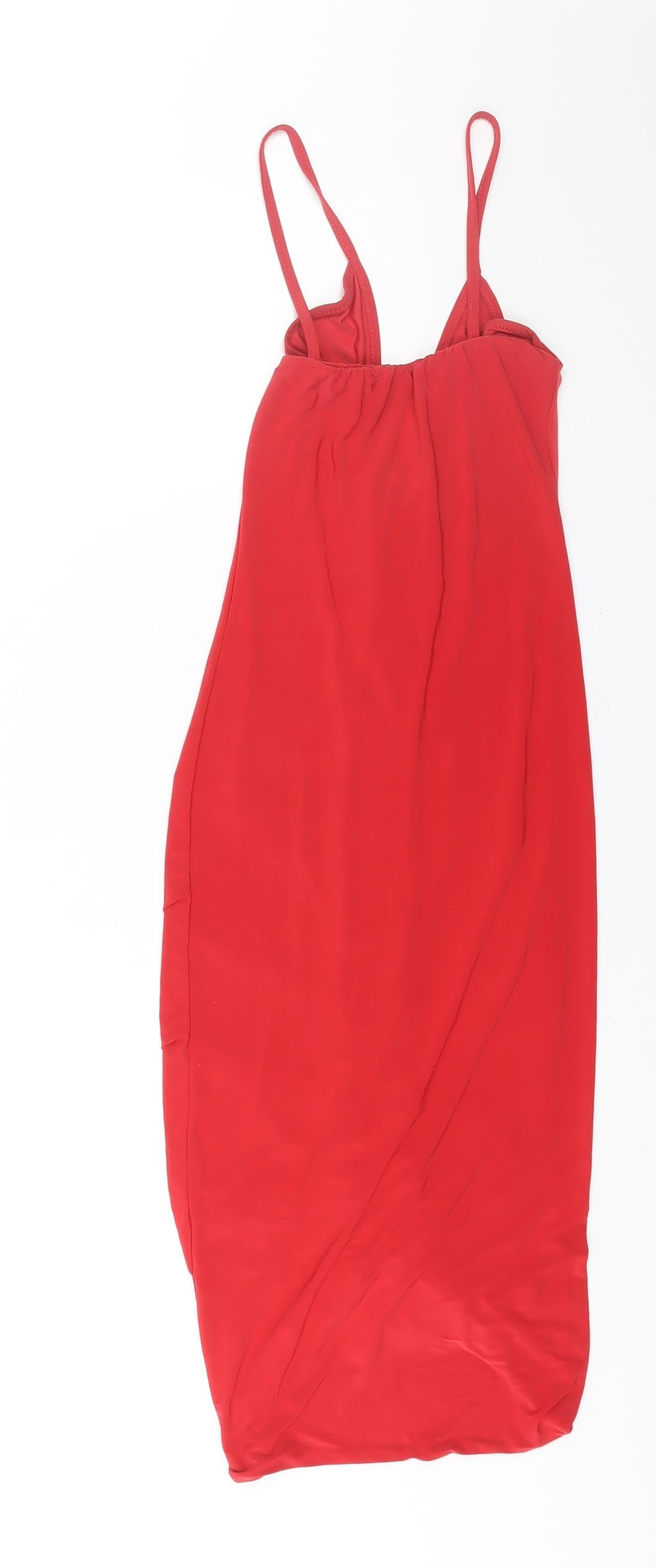 PRETTYLITTLETHING Womens Red Polyester Slip Dress Size 6 V-Neck Pullover - Drawstring Detail