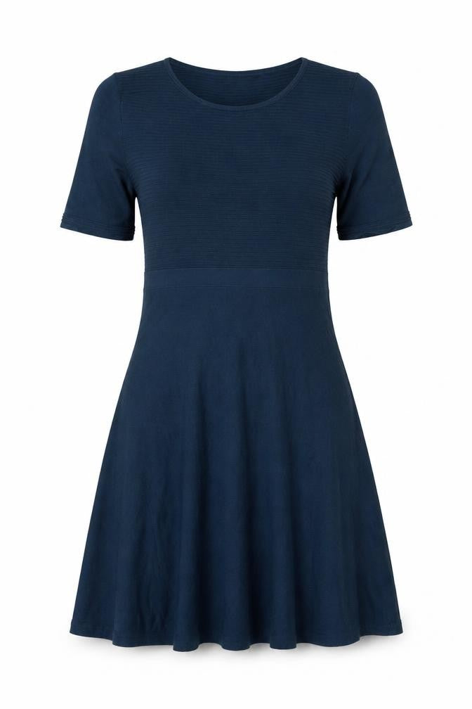 Front view of Oasis women’s blue cotton a-line, size M, crew neck pullover