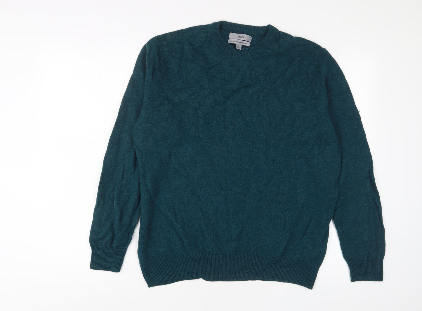 Marks and Spencer Mens Green Crew Neck Wool Pullover Jumper Size XL Long Sleeve