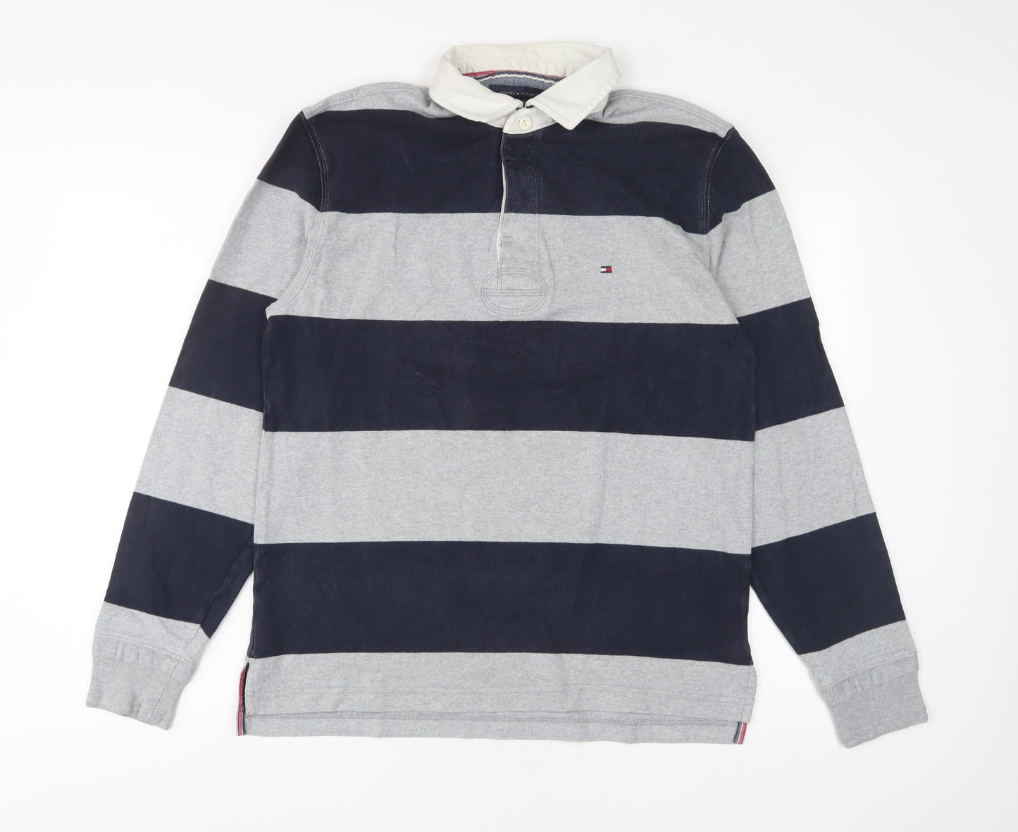 Tommy Hilfiger Mens Grey Striped Cotton Polo Size M Collared Button - Logo, Embroidered