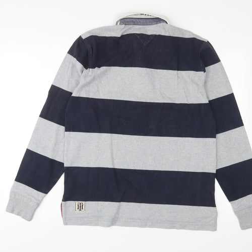 Tommy Hilfiger Mens Grey Striped Cotton Polo Size M Collared Button - Logo, Embroidered