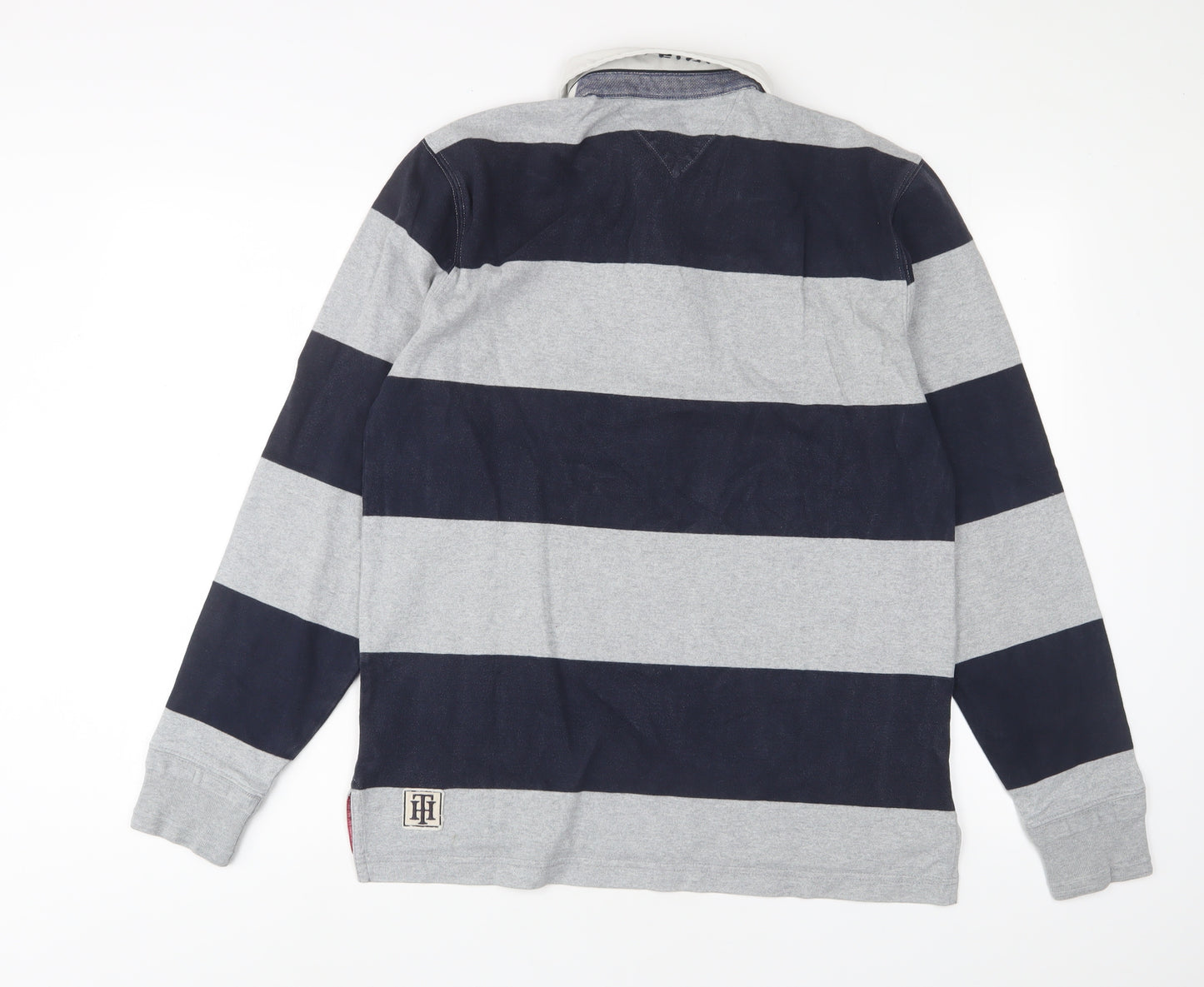 Tommy Hilfiger Mens Grey Striped Cotton Polo Size M Collared Button - Logo, Embroidered