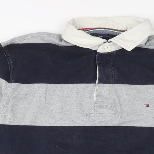 Tommy Hilfiger Mens Grey Striped Cotton Polo Size M Collared Button - Logo, Embroidered