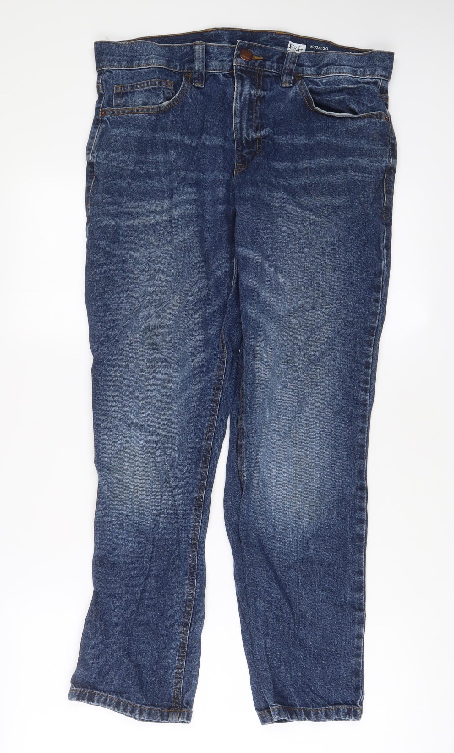 F&F Mens Blue Cotton Straight Jeans Size 32 in L30 in Regular Zip