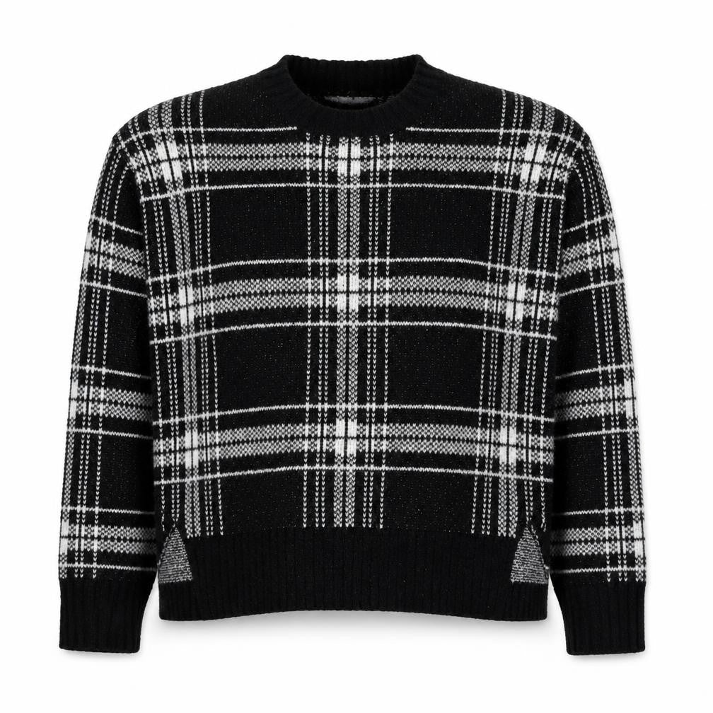 Front view of Marks & Spencer women’s black round neck check acrylic jumper, size M