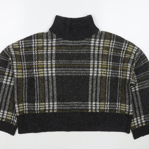 New Look Womens Grey Mock Neck Check Acrylic Pullover Jumper Size M