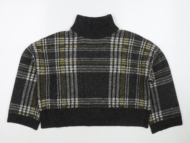 New Look Womens Grey Mock Neck Check Acrylic Pullover Jumper Size M