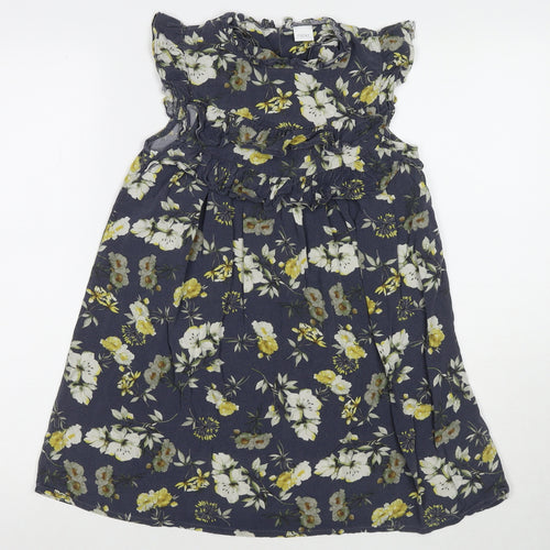NEXT Girls Blue Floral Viscose Tank Dress Size 9 Years Round Neck Button