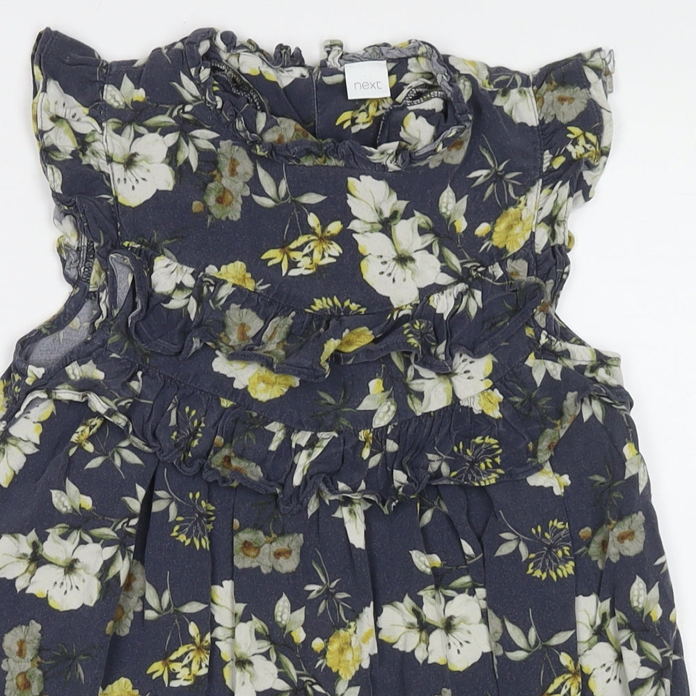 NEXT Girls Blue Floral Viscose Tank Dress Size 9 Years Round Neck Button