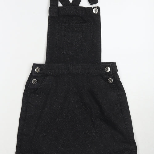 M&Co Girls Black Cotton Pinafore/Dungaree Dress Size 11 Years Square Neck Button - Glitter Detail