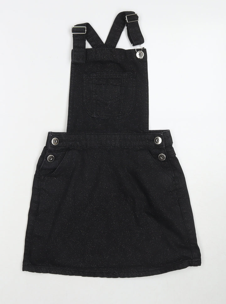 M&Co Girls Black Cotton Pinafore/Dungaree Dress Size 11 Years Square Neck Button - Glitter Detail
