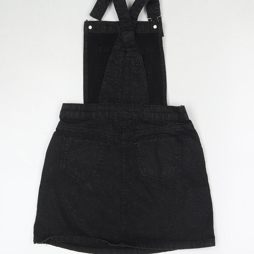 M&Co Girls Black Cotton Pinafore/Dungaree Dress Size 11 Years Square Neck Button - Glitter Detail