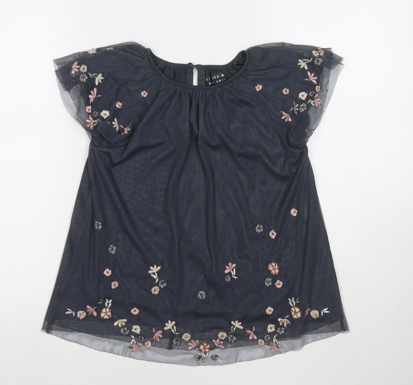 NEXT Girls Grey Polyester Basic T-Shirt Size 9 Years Round Neck Button - Flowers