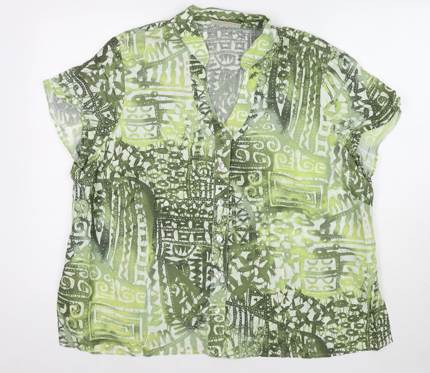 Ann Harvey Womens Green Geometric Linen Basic Button-Up Size 20 V-Neck