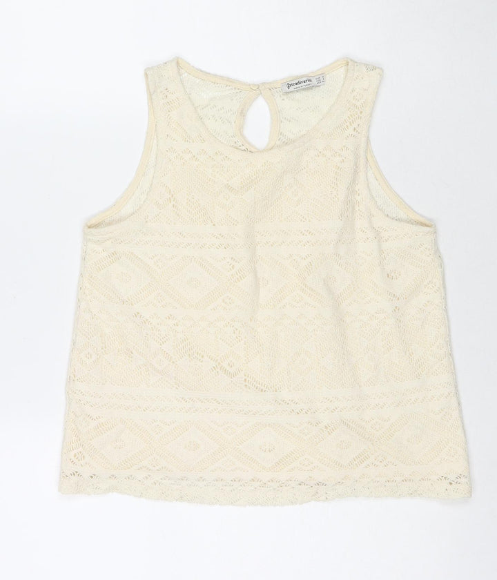 Stradivarius Womens Ivory Polyester Basic Tank Size S Round Neck