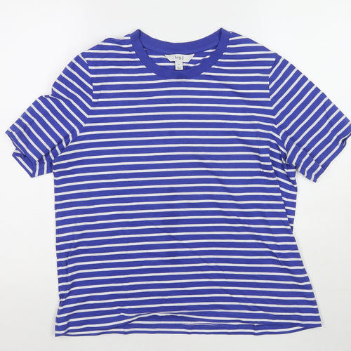 Marks and Spencer Womens Blue Striped Cotton Basic T-Shirt Size 14 Round Neck