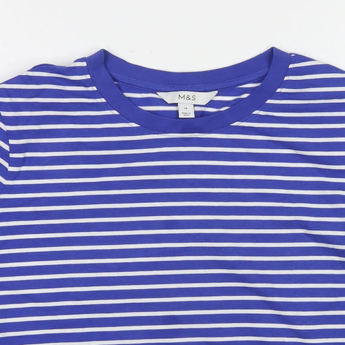 Marks and Spencer Womens Blue Striped Cotton Basic T-Shirt Size 14 Round Neck