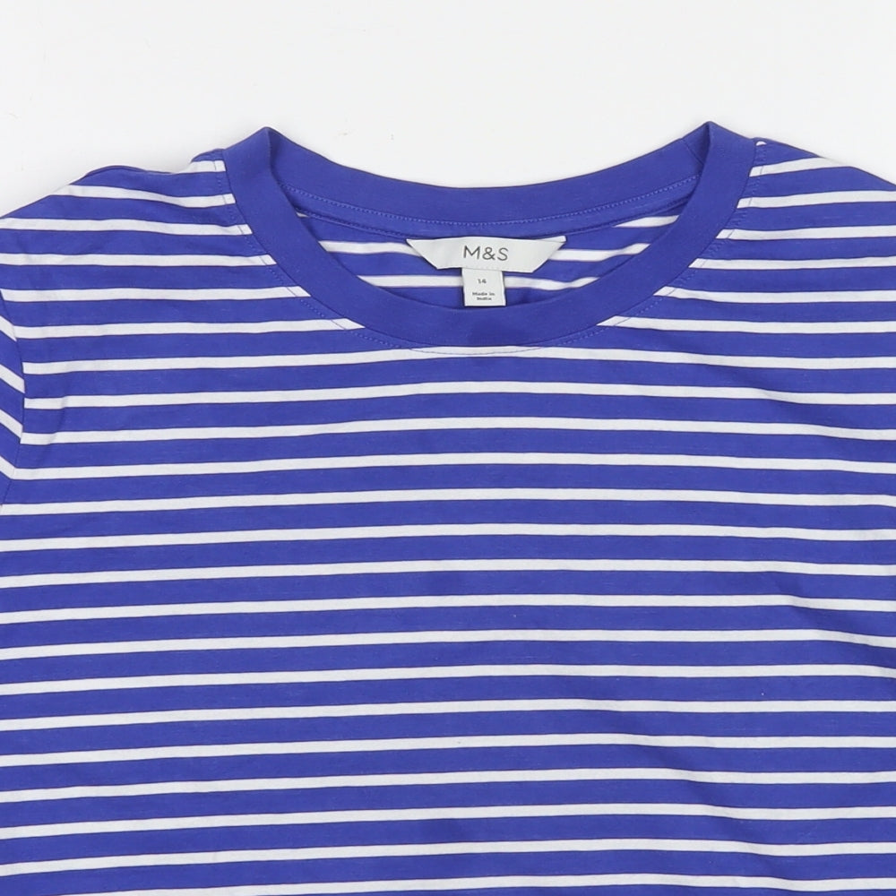Marks and Spencer Womens Blue Striped Cotton Basic T-Shirt Size 14 Round Neck