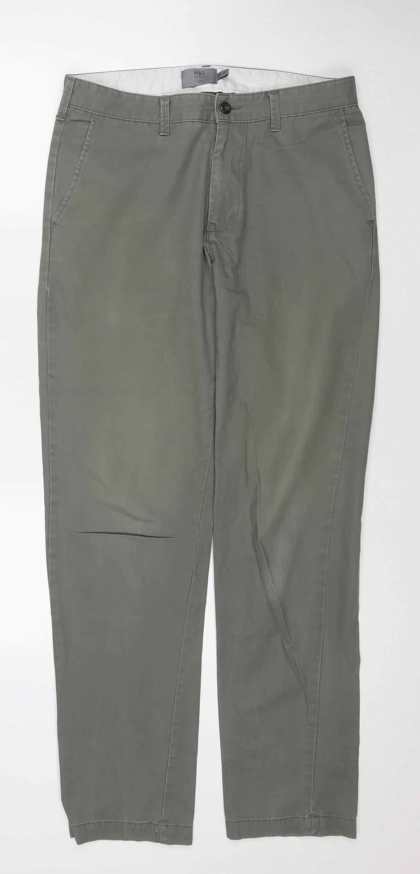 Marks and Spencer Mens Green Cotton Trousers Size 32 in L33 in Regular Zip
