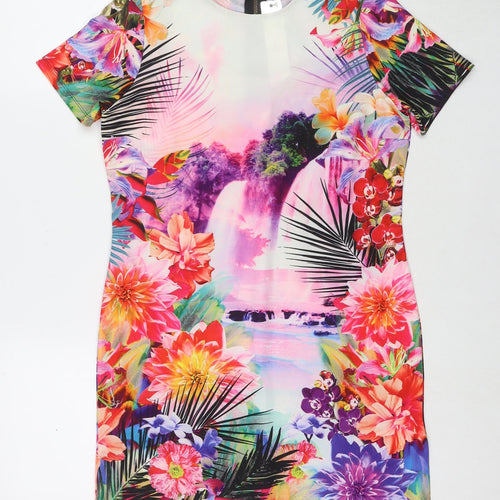 Lipsy Womens Multicoloured Floral Polyester A-Line Size 8 Round Neck Zip
