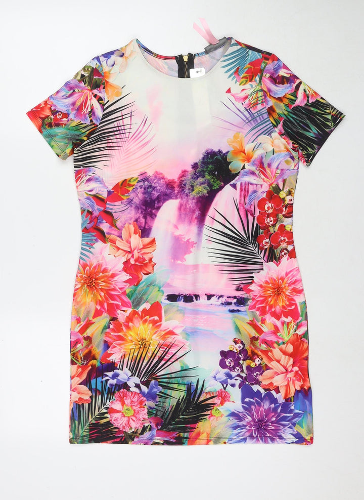 Lipsy Womens Multicoloured Floral Polyester A-Line Size 8 Round Neck Zip