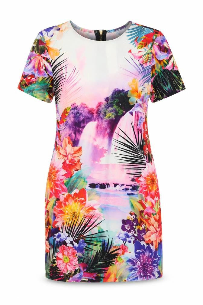 Front view of Lipsy women’s multicoloured floral polyester a-line, size UK 8, round neck zip