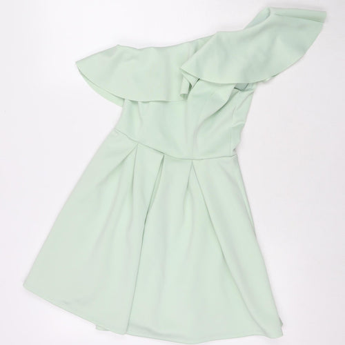 Miss Selfridge Womens Green Polyester Fit & Flare Size 8 One Shoulder Zip