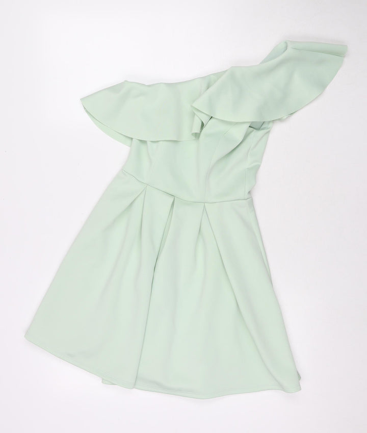 Miss Selfridge Womens Green Polyester Fit & Flare Size 8 One Shoulder Zip