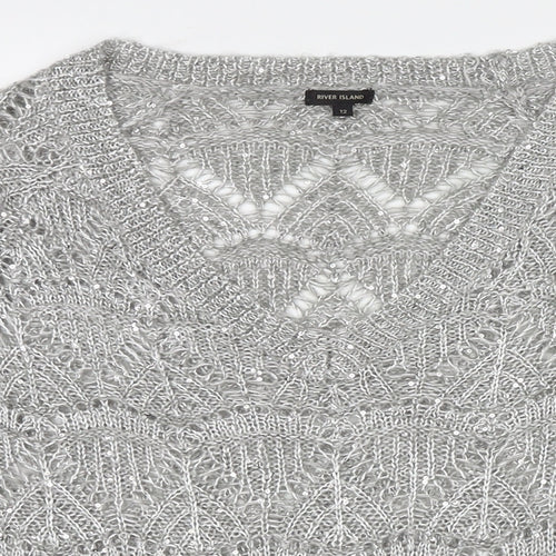 River Island Womens Grey V-Neck Polyester Pullover Jumper Size 12 - Sequin Detail