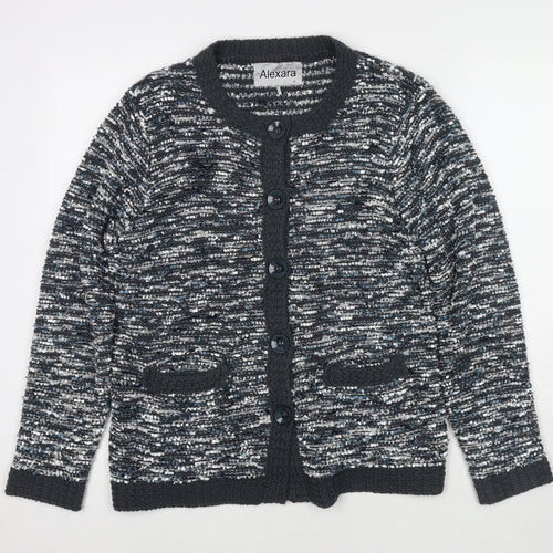 Alexara Womens Grey Round Neck Striped Acrylic Cardigan Jumper Size S