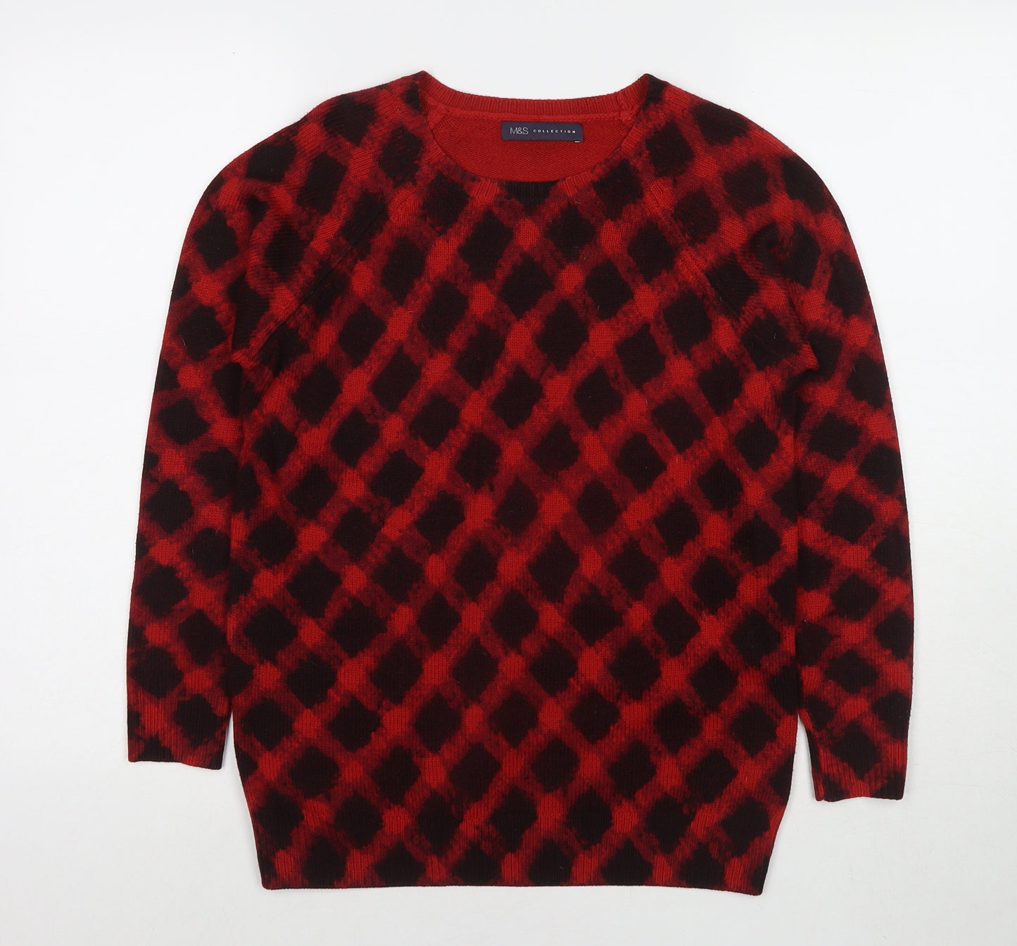 Marks and Spencer Womens Red V-Neck Check Acrylic Pullover Jumper Size 10