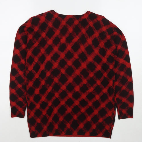 Marks and Spencer Womens Red V-Neck Check Acrylic Pullover Jumper Size 10