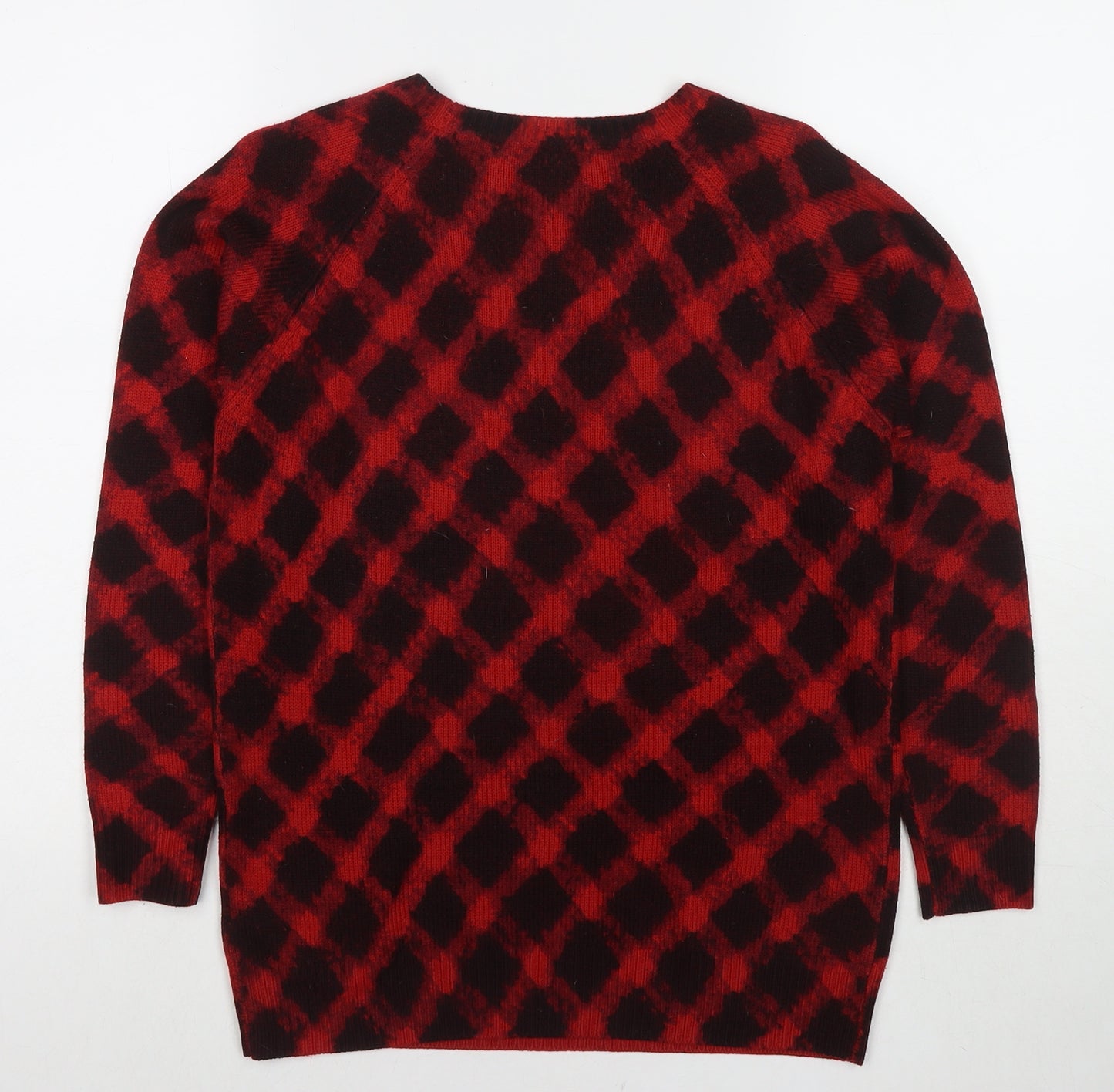 Marks and Spencer Womens Red V-Neck Check Acrylic Pullover Jumper Size 10