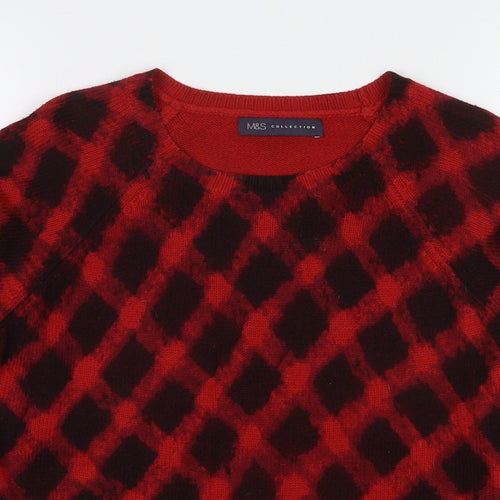 Marks and Spencer Womens Red V-Neck Check Acrylic Pullover Jumper Size 10