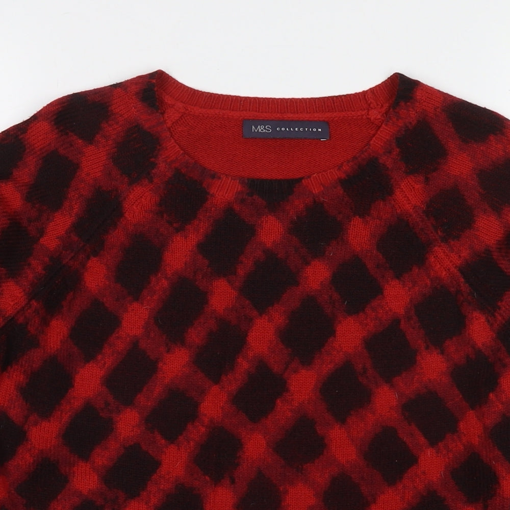 Marks and Spencer Womens Red V-Neck Check Acrylic Pullover Jumper Size 10