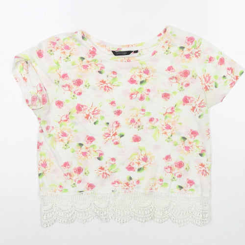 Golddigga Womens White Floral Cotton Basic T-Shirt Size 8 Round Neck
