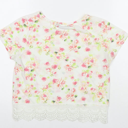 Golddigga Womens White Floral Cotton Basic T-Shirt Size 8 Round Neck