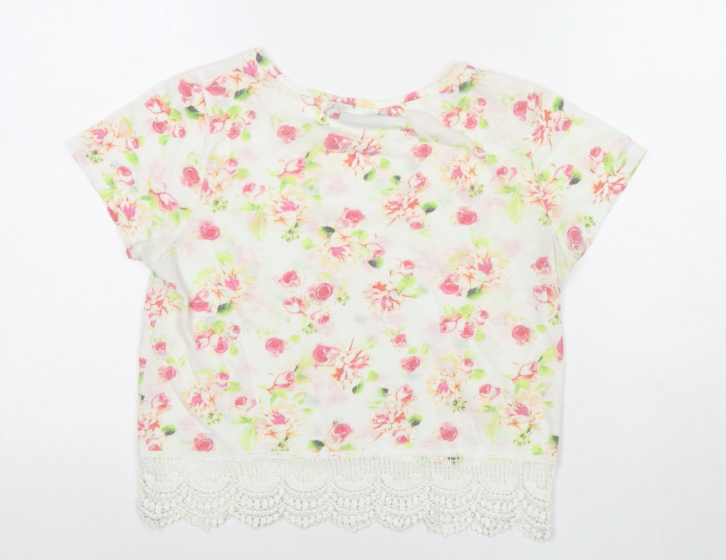 Golddigga Womens White Floral Cotton Basic T-Shirt Size 8 Round Neck