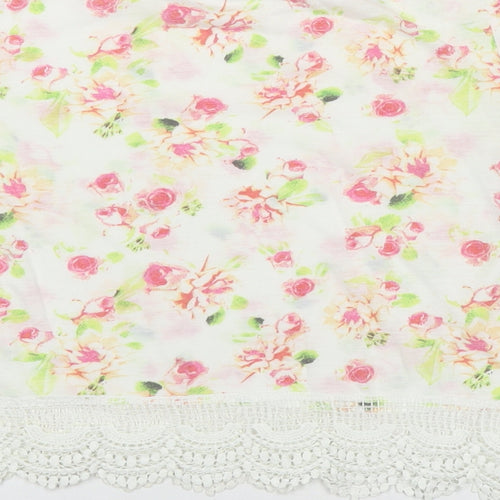 Golddigga Womens White Floral Cotton Basic T-Shirt Size 8 Round Neck
