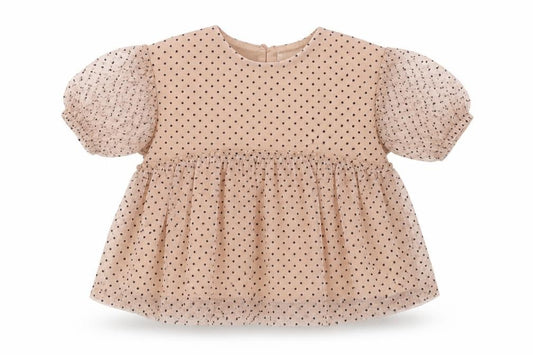 Front view of Next girls’ beige polka dot polyester basic blouse, size 9-12, months round neck button