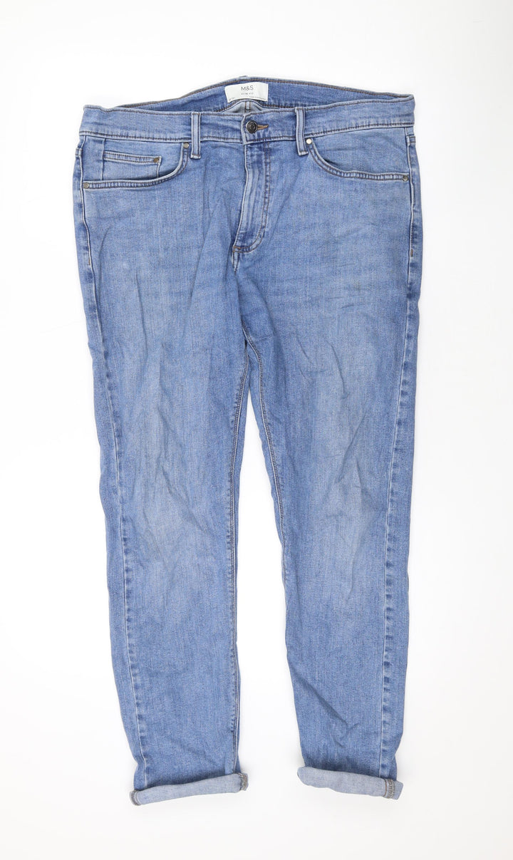 Marks and Spencer Womens Blue Cotton Straight Jeans Size 34 in L26 in Regular Zip