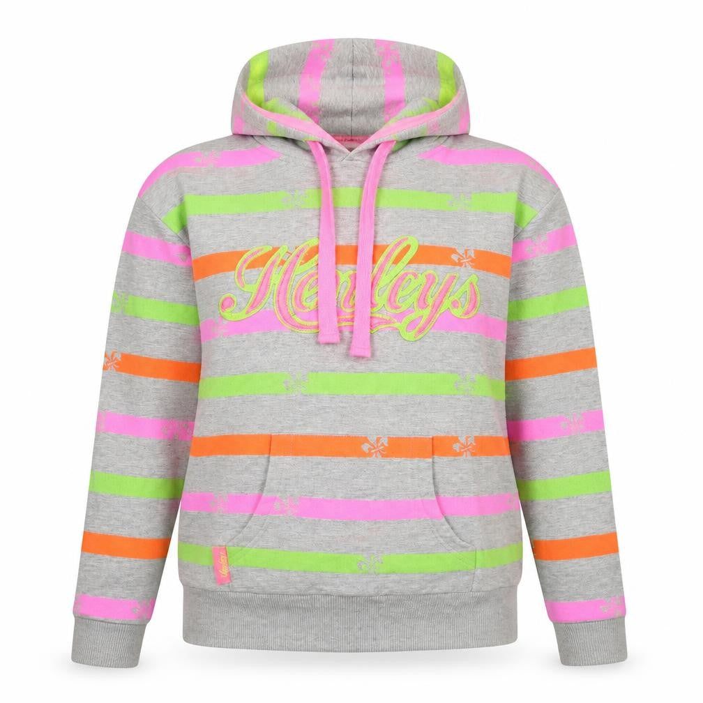 Front view of Henleys women’s multicoloured striped cotton pullover hoodie, size XS, pullover