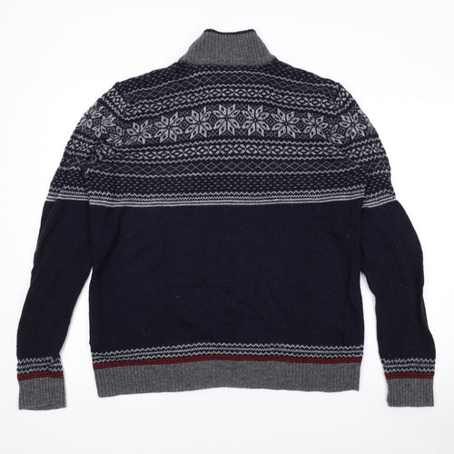 Marks and Spencer Mens Blue Mock Neck Geometric Wool Pullover Jumper Size L Long Sleeve