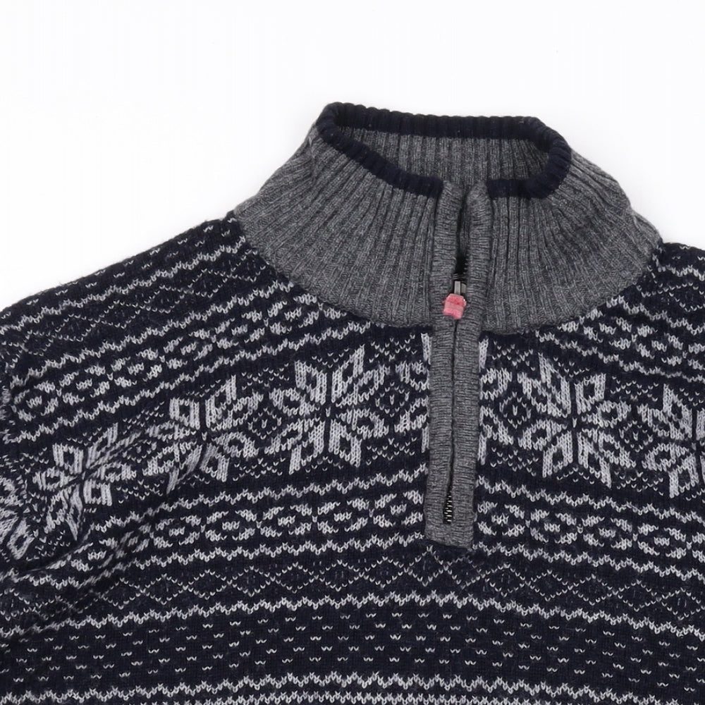 Marks and Spencer Mens Blue Mock Neck Geometric Wool Pullover Jumper Size L Long Sleeve