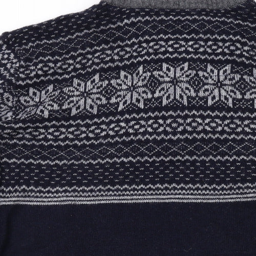 Marks and Spencer Mens Blue Mock Neck Geometric Wool Pullover Jumper Size L Long Sleeve